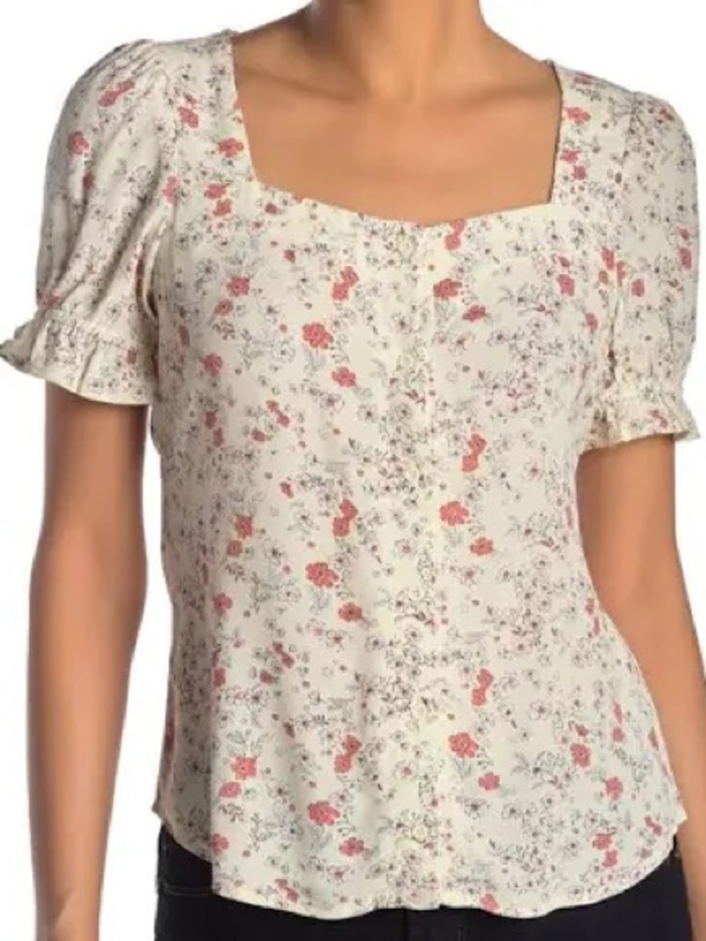Elodie Cream Floral Square-Neck Puff Sleeve Blouse
